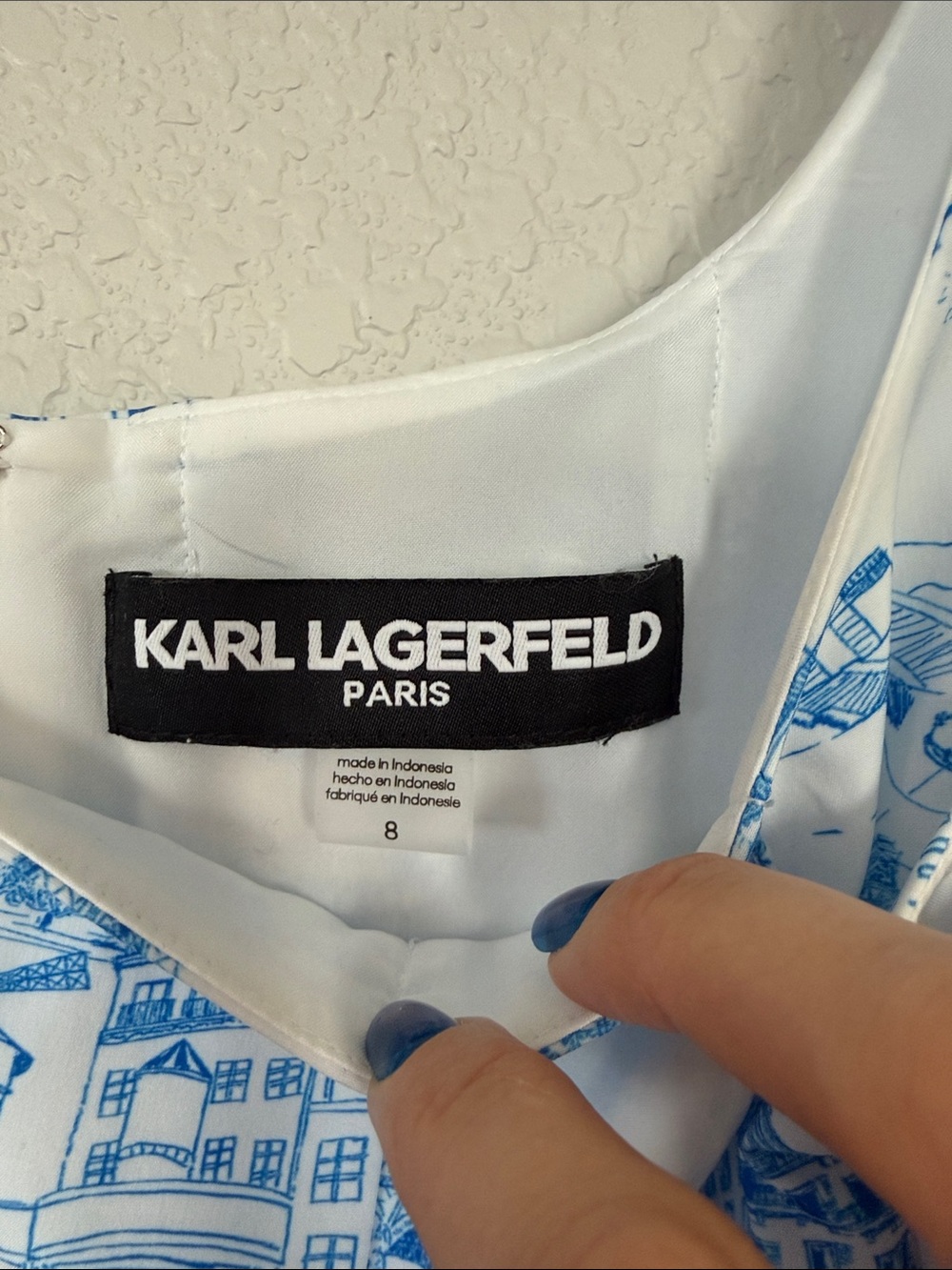 Karl Lagerfeld Blue & White Scenic Midi Dress with Tie Waist - Picture 3 of 9